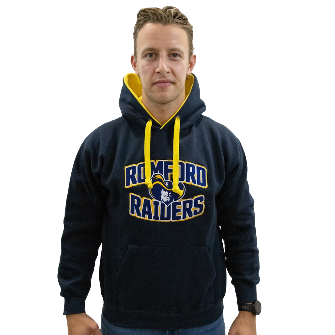 Romford Raiders Embroidered Logo Hoodie – Navy with Yellow Hood liner – Adult