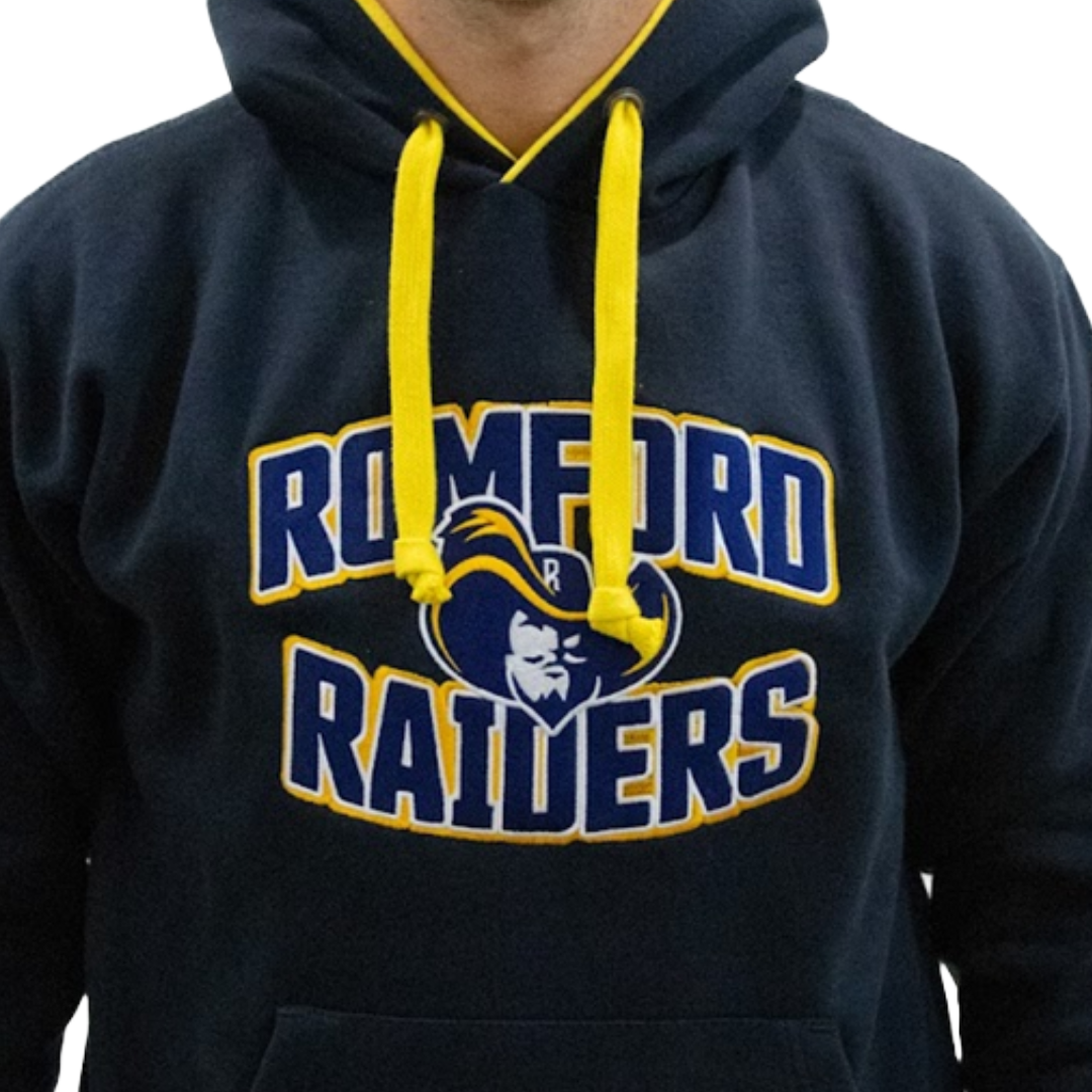 Romford Raiders Embroidered Logo Hoodie – Navy with Yellow Hood liner – Adult